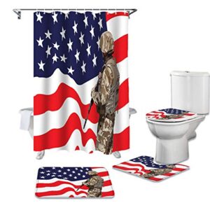 Shower Curtain Sets Bathroom Decor American National Flag Soldier in Military Uniform 4 Pieces Shower Curtain Sets with Non-Slip Rug, Bath Mat, Toilet Lid and 12 Hooks