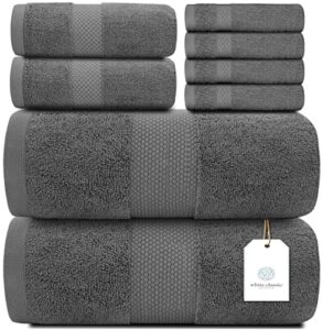 white classic luxury grey bath towel set - combed cotton hotel quality absorbent 8 piece towels | 2 bath towels 700gsm | 2 hand towels | 4 washcloths [worth $72.95] 8 pack | gray