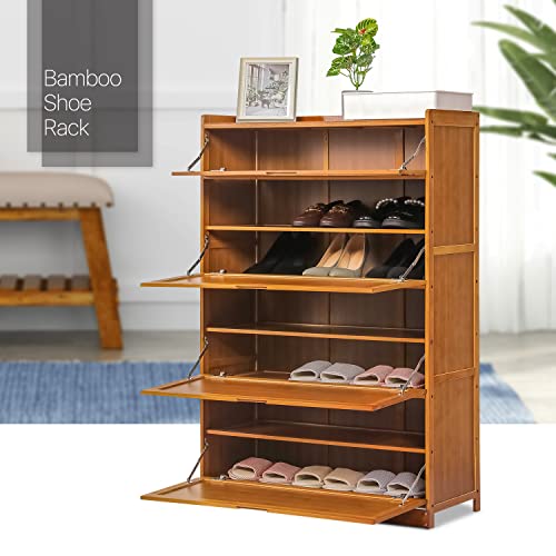 MoNiBloom 7 Tier Shoe Rack, Bamboo Shoes Heels Sneakers Storage Cabinet Organizer with Pull-Down Doors for 26-30 Pairs Entryway Hallway Living Room, Brown