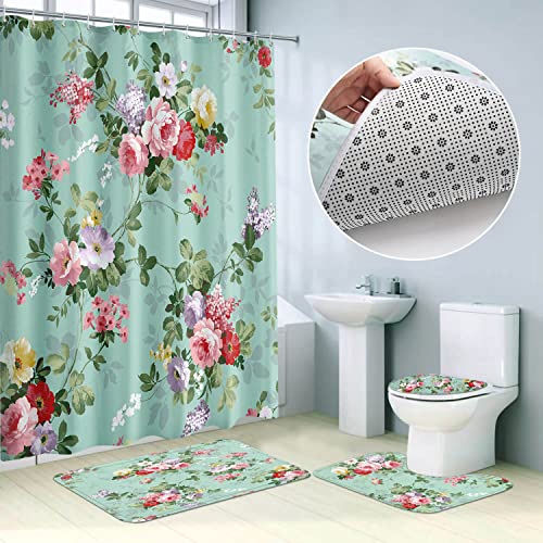 BROSHAN Green Floral Shower Curtain Set, Flower Bathroom Set with Shower Curtain and Non-Slip Rugs,Toilet Lid Cover and Bath Mat, Floral Fabric Bathroom Decor and Accessories Set with Hooks