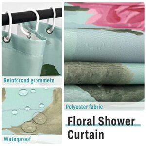 BROSHAN Green Floral Shower Curtain Set, Flower Bathroom Set with Shower Curtain and Non-Slip Rugs,Toilet Lid Cover and Bath Mat, Floral Fabric Bathroom Decor and Accessories Set with Hooks