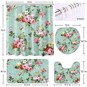 BROSHAN Green Floral Shower Curtain Set, Flower Bathroom Set with Shower Curtain and Non-Slip Rugs,Toilet Lid Cover and Bath Mat, Floral Fabric Bathroom Decor and Accessories Set with Hooks