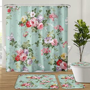 BROSHAN Green Floral Shower Curtain Set, Flower Bathroom Set with Shower Curtain and Non-Slip Rugs,Toilet Lid Cover and Bath Mat, Floral Fabric Bathroom Decor and Accessories Set with Hooks