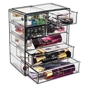 sorbus acrylic clear makeup organizer - big & spacious cosmetic display case - stylish designed jewelry & make up organizers and storage for vanity, bathroom (3 large, 4 small drawers) [black jewel]
