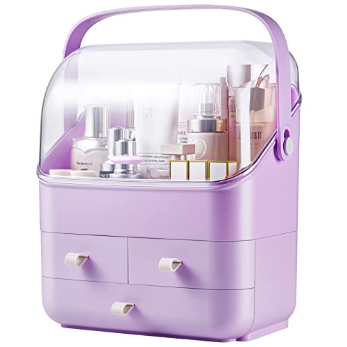 SUNFICON Makeup Organizer Cosmetic Storage Holder Case Purple Beauty Essential Box with Dust Free Cover Portable Handle Fully Open Waterproof Lid Dustproof Drawers Bathroom Countertop Bedroom Dresser