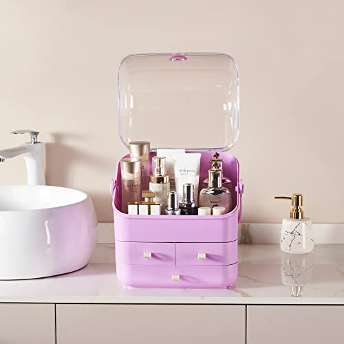 SUNFICON Makeup Organizer Cosmetic Storage Holder Case Purple Beauty Essential Box with Dust Free Cover Portable Handle Fully Open Waterproof Lid Dustproof Drawers Bathroom Countertop Bedroom Dresser