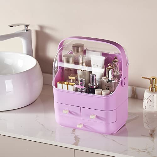 SUNFICON Makeup Organizer Cosmetic Storage Holder Case Purple Beauty Essential Box with Dust Free Cover Portable Handle Fully Open Waterproof Lid Dustproof Drawers Bathroom Countertop Bedroom Dresser