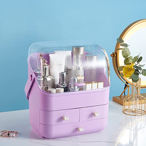 SUNFICON Makeup Organizer Cosmetic Storage Holder Case Purple Beauty Essential Box with Dust Free Cover Portable Handle Fully Open Waterproof Lid Dustproof Drawers Bathroom Countertop Bedroom Dresser