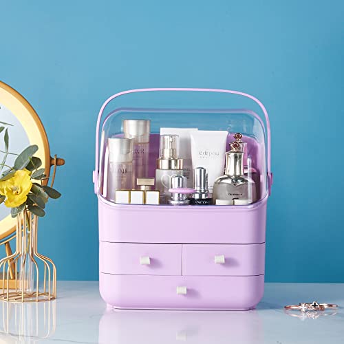 SUNFICON Makeup Organizer Cosmetic Storage Holder Case Purple Beauty Essential Box with Dust Free Cover Portable Handle Fully Open Waterproof Lid Dustproof Drawers Bathroom Countertop Bedroom Dresser