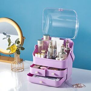 SUNFICON Makeup Organizer Cosmetic Storage Holder Case Purple Beauty Essential Box with Dust Free Cover Portable Handle Fully Open Waterproof Lid Dustproof Drawers Bathroom Countertop Bedroom Dresser