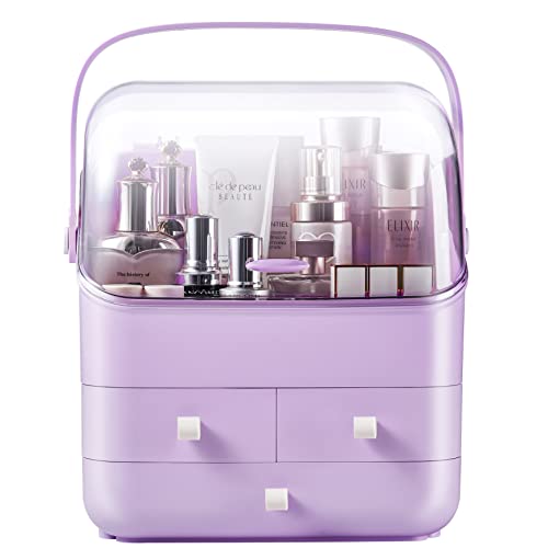 SUNFICON Makeup Organizer Cosmetic Storage Holder Case Purple Beauty Essential Box with Dust Free Cover Portable Handle Fully Open Waterproof Lid Dustproof Drawers Bathroom Countertop Bedroom Dresser