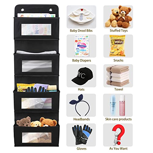 FYY Over the Door Organizer, 4-Shelf Wall Mount Hanging Pantry Storage Pocket with Clear Window for Bedroom Bathroom Kitchen Nursery Closet Dorm Storage Cosmetics, Stationery, Sundries, Toys Black