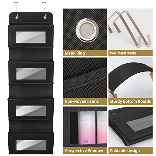 FYY Over the Door Organizer, 4-Shelf Wall Mount Hanging Pantry Storage Pocket with Clear Window for Bedroom Bathroom Kitchen Nursery Closet Dorm Storage Cosmetics, Stationery, Sundries, Toys Black