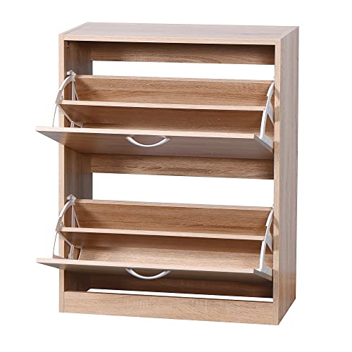 SSLine Shoe Cabinet,Shoe Rack Storage Organizer with 2 Flip Drawers,Entryway Narrow Shoe Storage Cabinet for Narrow Closet, Entryway, Living Room (Natural,2-Tier-2)