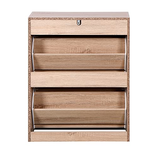 SSLine Shoe Cabinet,Shoe Rack Storage Organizer with 2 Flip Drawers,Entryway Narrow Shoe Storage Cabinet for Narrow Closet, Entryway, Living Room (Natural,2-Tier-2)