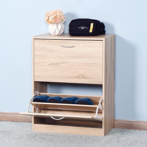 SSLine Shoe Cabinet,Shoe Rack Storage Organizer with 2 Flip Drawers,Entryway Narrow Shoe Storage Cabinet for Narrow Closet, Entryway, Living Room (Natural,2-Tier-2)