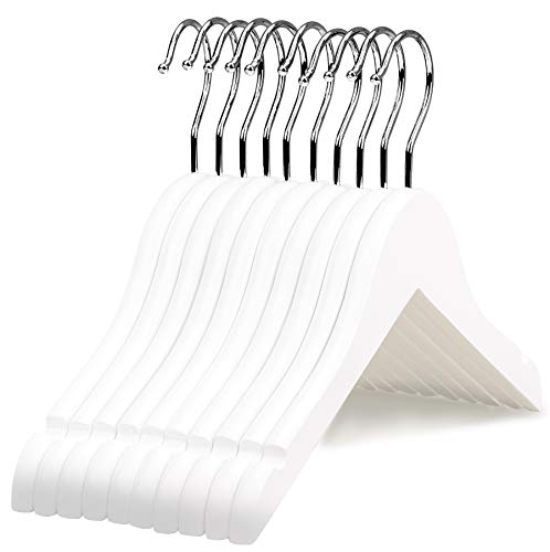 Premium Solid White Wood Clothes Hangers for Children Kids Baby Toddler, Beautiful Wooden Coat Dress Hangers- 360°Stronger Swivel Hook- Extra Smooth Finish- Smoothly Cut Notches-10 Pack LM02KW