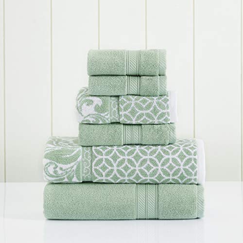 Modern Threads Trefoil Filigree 6-Piece Reversible Yarn Dyed Jacquard Towel Set - Bath Towels, Hand Towels, & Washcloths - Super Absorbent & Quick Dry - 100% Combed Cotton