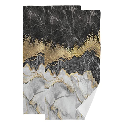 Hand Towels,2 Pack Soft Luxury Towel Gold Black Marble for Bathroom Kitchen, Beach