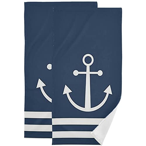 Wamika Nautical Theme Anchor Hand Bath Towel Hanging Towels Set Navy Blue Kitchen Dish Towel Highly Absorbent 2pcs