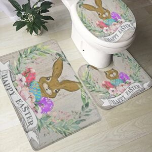 Royalours Happy Easter Bath Sets 3 Piece Rugs Bunny Easter Eggs Floral Wreath Mats Non Slip Water Absorbent U-Shaped Contour Toilet Mat Eggs Spring Flower Lid Cover（ED-Easter-1）