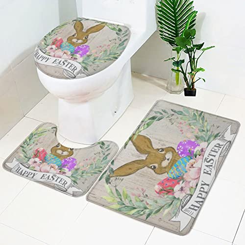 Royalours Happy Easter Bath Sets 3 Piece Rugs Bunny Easter Eggs Floral Wreath Mats Non Slip Water Absorbent U-Shaped Contour Toilet Mat Eggs Spring Flower Lid Cover（ED-Easter-1）