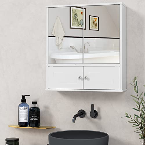 URKNO Bathroom Medicine Cabinet with Double Mirror Doors, Wood Hanging Wall Cabinet with Adjustable Shelf, Mirror Storage Cabinet for Bathroom, Living Room, White