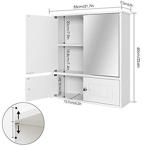 URKNO Bathroom Medicine Cabinet with Double Mirror Doors, Wood Hanging Wall Cabinet with Adjustable Shelf, Mirror Storage Cabinet for Bathroom, Living Room, White