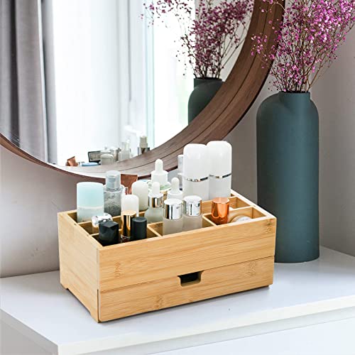 Suwimut Bamboo Makeup Organizer with Drawers, Multi-functional Cosmetic Display Case with 9 Sections for Bathroom, Countertop, Dresser, Wooden Vanity Organizer for Beauty Supplies