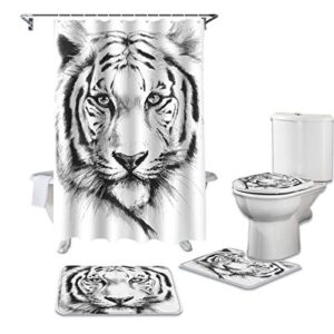 big buy store 4 pcs shower curtain sets white tiger waterproof fabic bathroom set with non-slip rugs toilet lid cover bath mat wild animals shower curtain with hooks -72x72 inch small