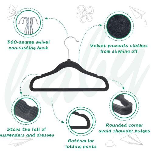 Aubeco Baby Velvet Hangers 60 Pack, 11.7'' Non Slip Felt Hangers for Closet, Baby Clothes Hangers Space Saving, 360° Swivel Hook-Black