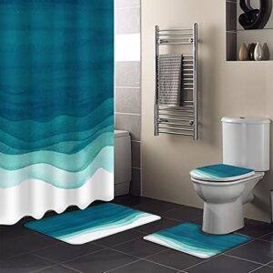 4 pcs shower curtain set with 12 hooks watercolor teal and white gradient bathroom sets with non-slip bath mat toilet lid cover waterproof durable shower curtain and rugs
