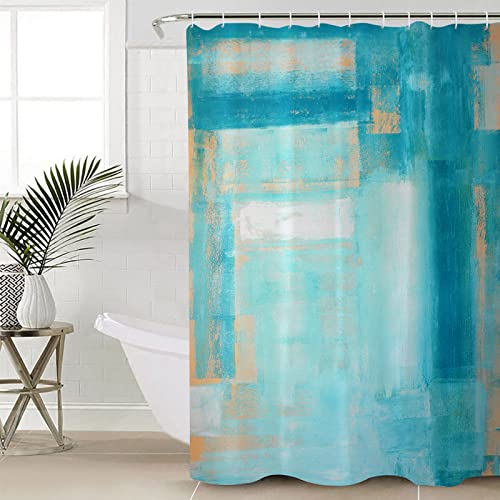 LiDU Teal Yellow 4 Pcs Shower Curtain Set, 72" x 72" Waterproof Shower Curtains with 12 Hooks, Modern Oil Painting Abstract Geometric Aesthetics Bathroom Sets with Shower Curtain and Rugs