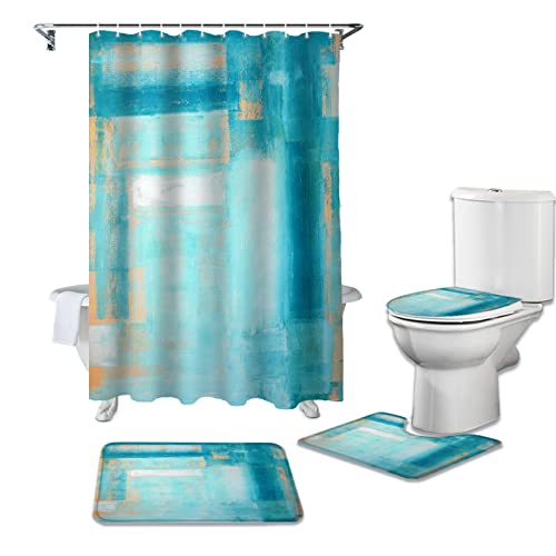 LiDU Teal Yellow 4 Pcs Shower Curtain Set, 72" x 72" Waterproof Shower Curtains with 12 Hooks, Modern Oil Painting Abstract Geometric Aesthetics Bathroom Sets with Shower Curtain and Rugs