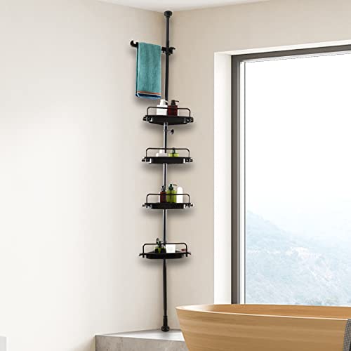 SALMOPH Corner Shower Caddy Tension Pole | Rustproof Shower Caddy Corner Shelf Organizer, 4-Tier Bathroom Shelves, Adjustable from 40-130 inches, Black