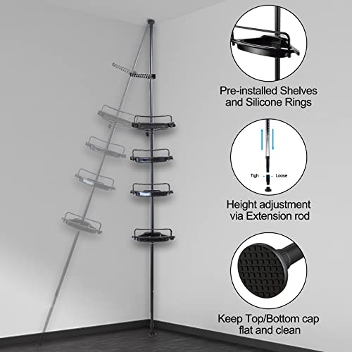 SALMOPH Corner Shower Caddy Tension Pole | Rustproof Shower Caddy Corner Shelf Organizer, 4-Tier Bathroom Shelves, Adjustable from 40-130 inches, Black