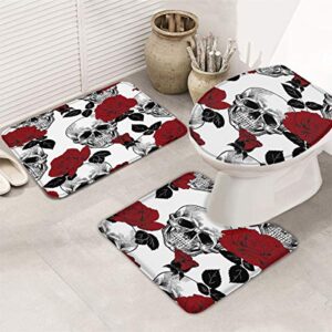 women trend 3 piece bath rugs set red rose leaves skull non-slip bathroom mats absorbent contour soft mat toilet lid cover bathroom decor set- 20"x32"+16"x18"+16"x20"