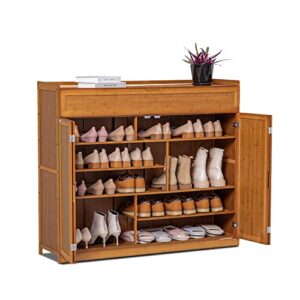 monibloom bamboo 7-tier shoe organizer cabinet with folding door pull-down compartment heels long boots, hallway entryway, brown