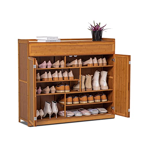 MoNiBloom Bamboo 7-Tier Shoe Organizer Cabinet with Folding Door Pull-Down Compartment Heels Long Boots, Hallway Entryway, Brown