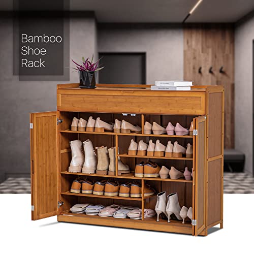 MoNiBloom Bamboo 7-Tier Shoe Organizer Cabinet with Folding Door Pull-Down Compartment Heels Long Boots, Hallway Entryway, Brown