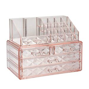 zhiai jewelry and cosmetic boxes with brush holder - pink diamond pattern storage display cube including 4 drawers and 2 pieces set