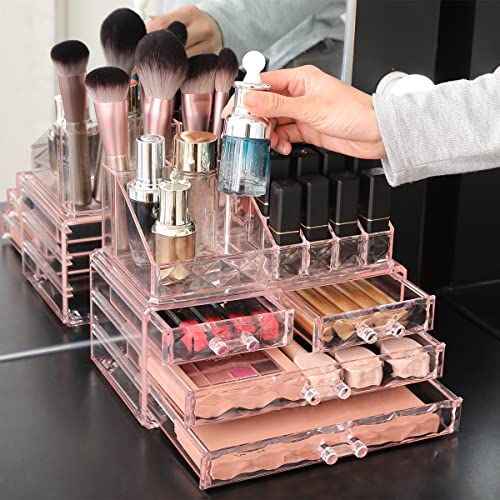 ZHIAI Jewelry and Cosmetic Boxes with Brush Holder - Pink Diamond Pattern Storage Display Cube Including 4 Drawers and 2 Pieces Set