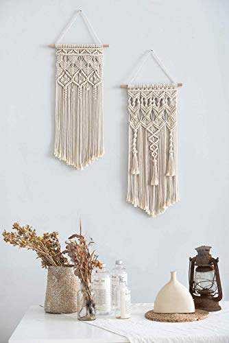 Mkono 4 Pack - 2pcs Hanging Wall Shelf Floating Wood Storage Shelves Leather Strap Swing Organizer, and 2pcs Macrame Woven Wall Hanging Boho Home Chic Bohemian Geometric Art Decor