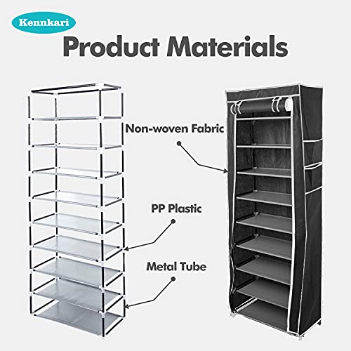 Kennkari 9 Tier Shoe Rack with Dustproof Cover, Free Standing Shoes Organizer, Narrow Shoe Storage Rack, 20-pair (Black)