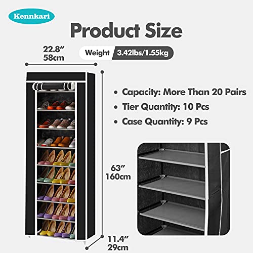 Kennkari 9 Tier Shoe Rack with Dustproof Cover, Free Standing Shoes Organizer, Narrow Shoe Storage Rack, 20-pair (Black)