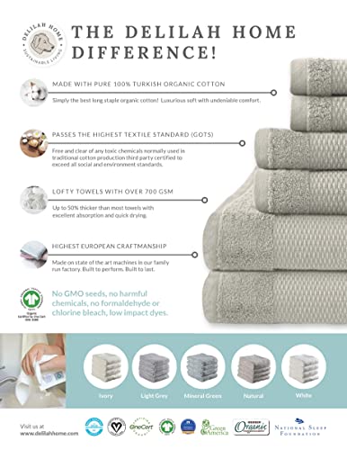 Delilah Home - 100% Organic Bath Towel Set, Ultra-Soft, & Absorbent Turkish Organic Cotton Spa Towels - Eco-Friendly & Vegan (Two Pieces Each 13x13, 16x30, 30x54) Pack of 6, White