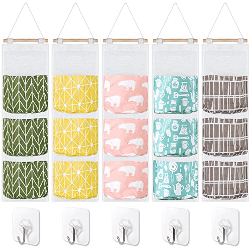 HOSTK 5 Pcs Wall Hanging Storage Bag, Over The Door Organizer, 3 Pockets Linen Cotton Fabric Multi Functional Hanging Closet Organizer Waterproof with 5 Hooks for Living Room Bedroom Bathroom Kitchen