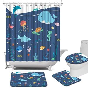 atgowac 4 piece blue ocean fish shower curtain sets with rugs, lovely cartoon undersea world shower curtains, kids children bathroom decor set