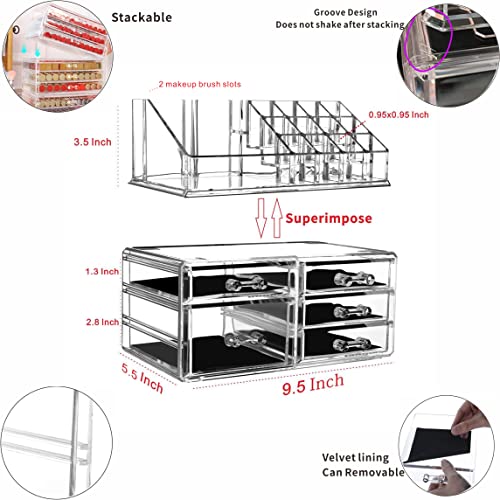 Cq acrylic Makeup Organizer Skin Care Large Clear Cosmetic Display Cases Stackable Storage Box With 5 Drawers For Vanity,Set of 2