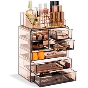 sorbus clear cosmetic makeup organizer - make up & jewelry storage, case & display - spacious design - great holder for dresser, bathroom, vanity & countertop (3 large, 4 small drawers - bronze glow)